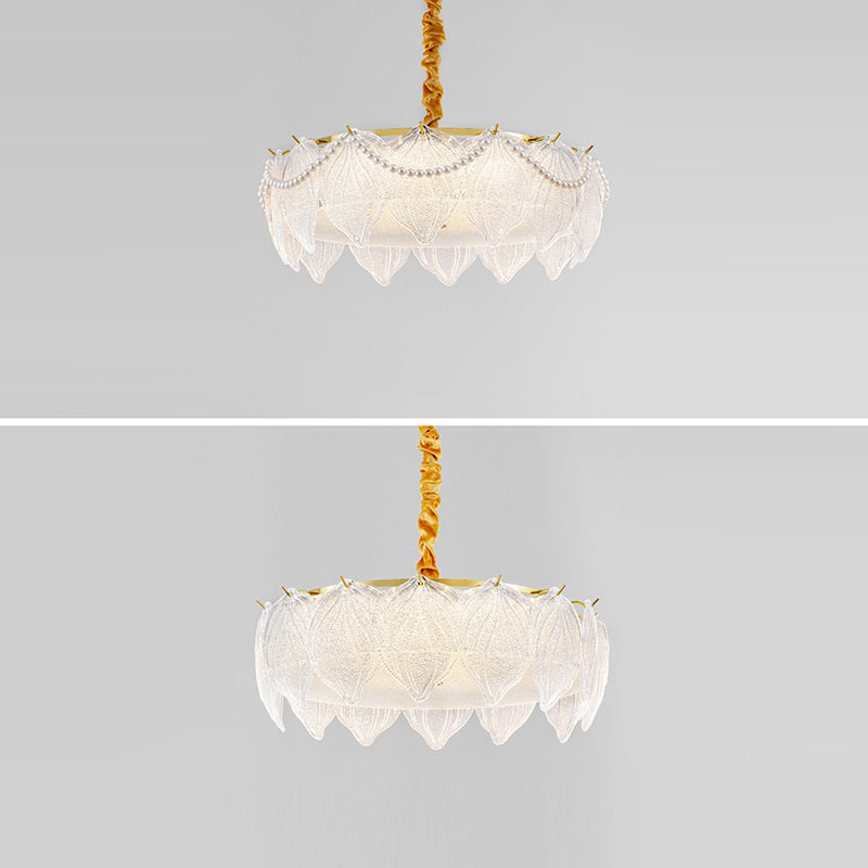 Traditional French Metal &amp; Glass Round Shell Leaf LED Chandelier For Bedroom And Living Room