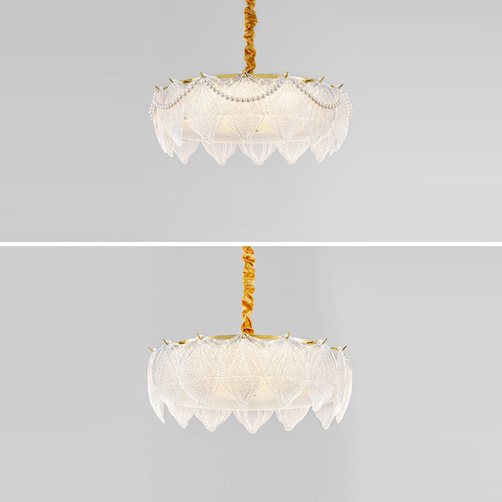 Traditional French Metal &amp; Glass Round Shell Leaf LED Chandelier For Bedroom And Living Room