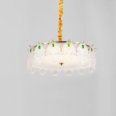 Traditional French Metal & Glass Round Shell Leaf LED Chandelier For Bedroom And Living Room