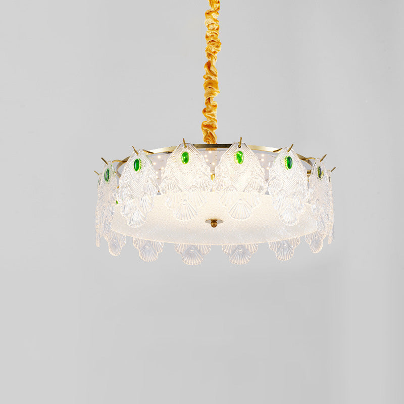 Traditional French Metal & Glass Round Shell Leaf LED Chandelier For Bedroom And Living Room