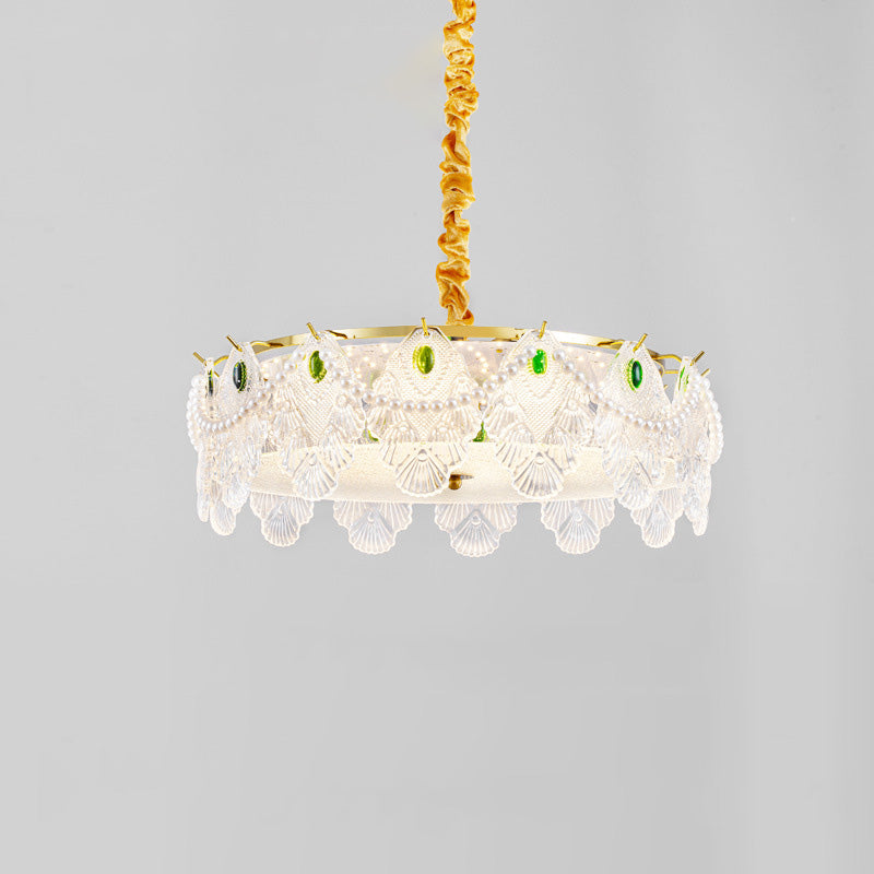 Traditional French Metal &amp; Glass Round Shell Leaf LED Chandelier For Bedroom And Living Room