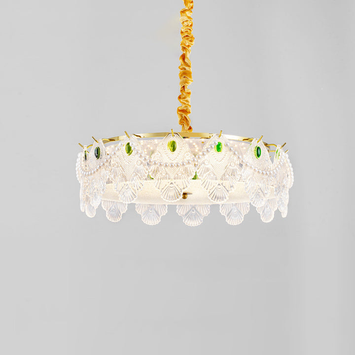 Traditional French Metal &amp; Glass Round Shell Leaf LED Chandelier For Bedroom And Living Room