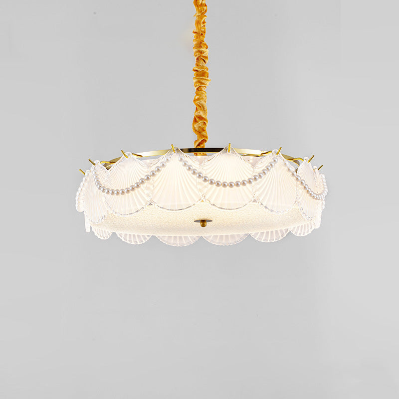 Traditional French Metal &amp; Glass Round Shell Leaf LED Chandelier For Bedroom And Living Room