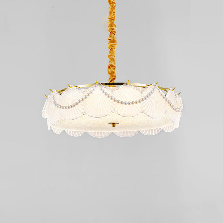 Traditional French Metal &amp; Glass Round Shell Leaf LED Chandelier For Bedroom And Living Room