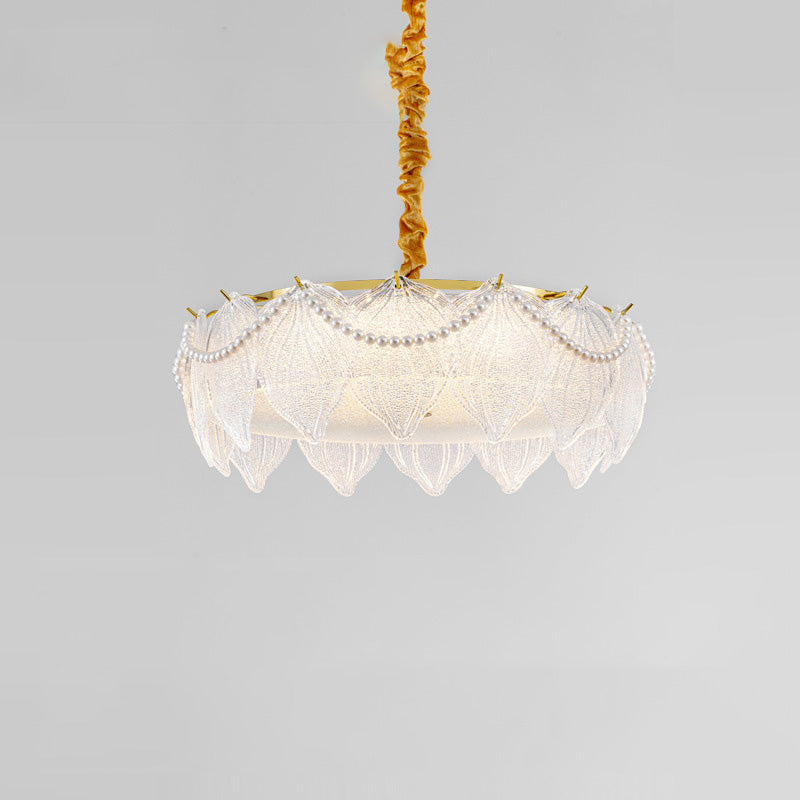 Traditional French Metal &amp; Glass Round Shell Leaf LED Chandelier For Bedroom And Living Room