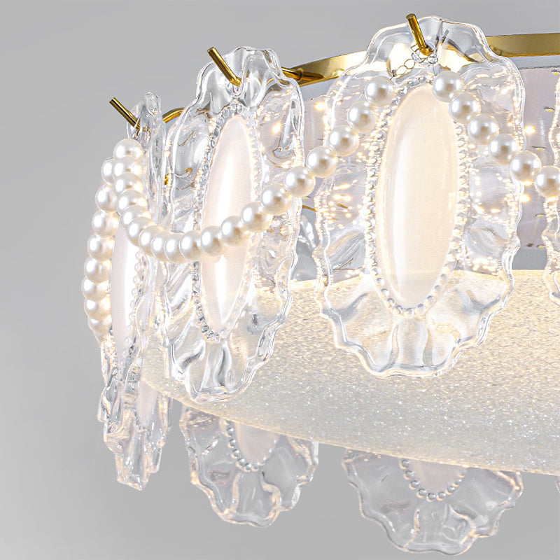 Traditional French Metal &amp; Glass Round Shell Leaf LED Chandelier For Bedroom And Living Room