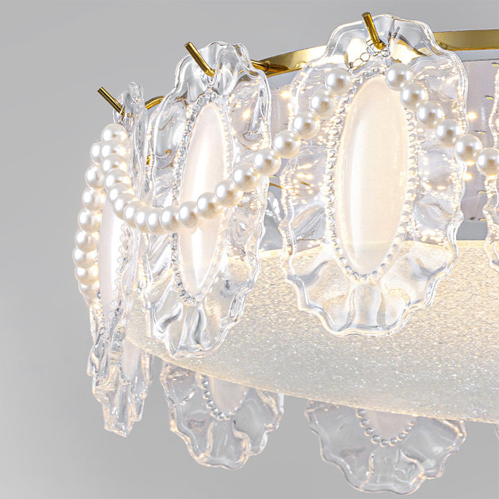 Traditional French Metal &amp; Glass Round Shell Leaf LED Chandelier For Bedroom And Living Room