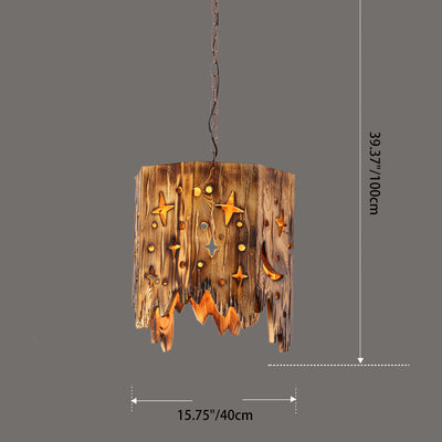 Traditional Farmhouse Wood & Hemp Rope Iron Column Cone Barrel Shape 1-Light Pendant Light For Dining Room & Bar Decor