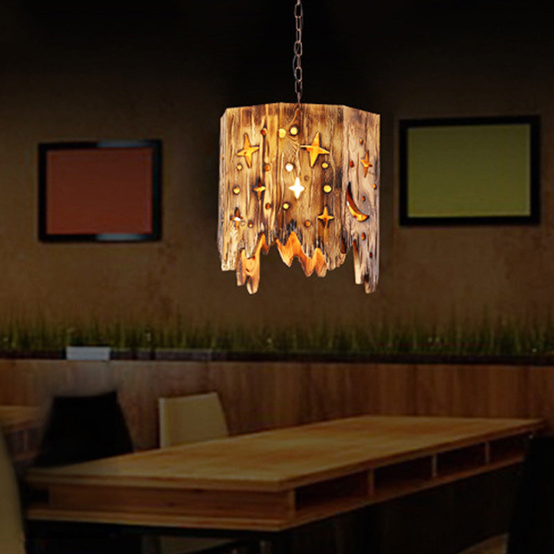 Traditional Farmhouse Wood & Hemp Rope Iron Column Cone Barrel Shape 1-Light Pendant Light For Dining Room & Bar Decor
