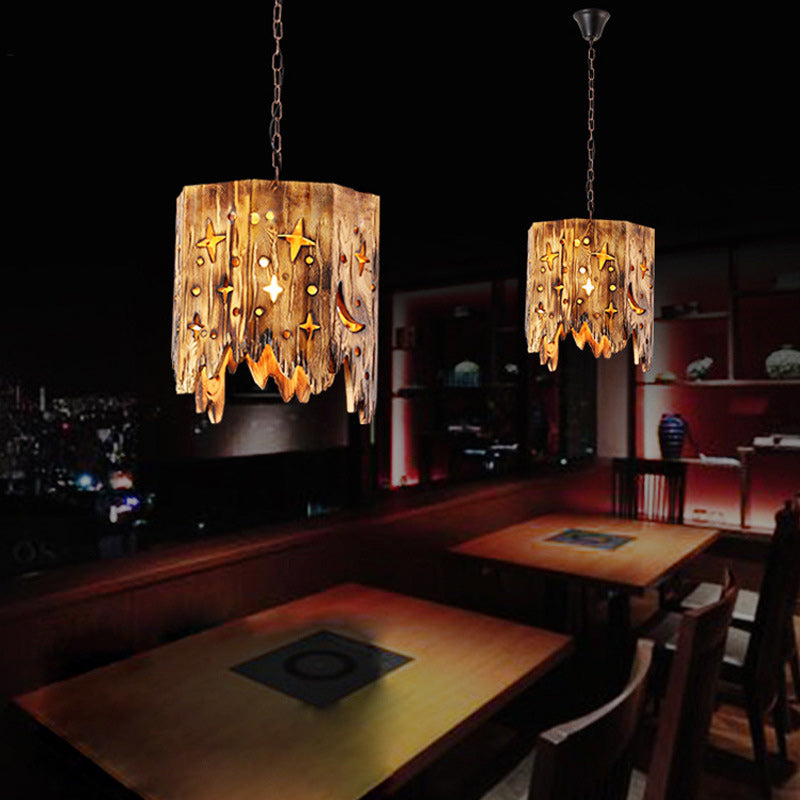 Traditional Farmhouse Wood & Hemp Rope Iron Column Cone Barrel Shape 1-Light Pendant Light For Dining Room & Bar Decor