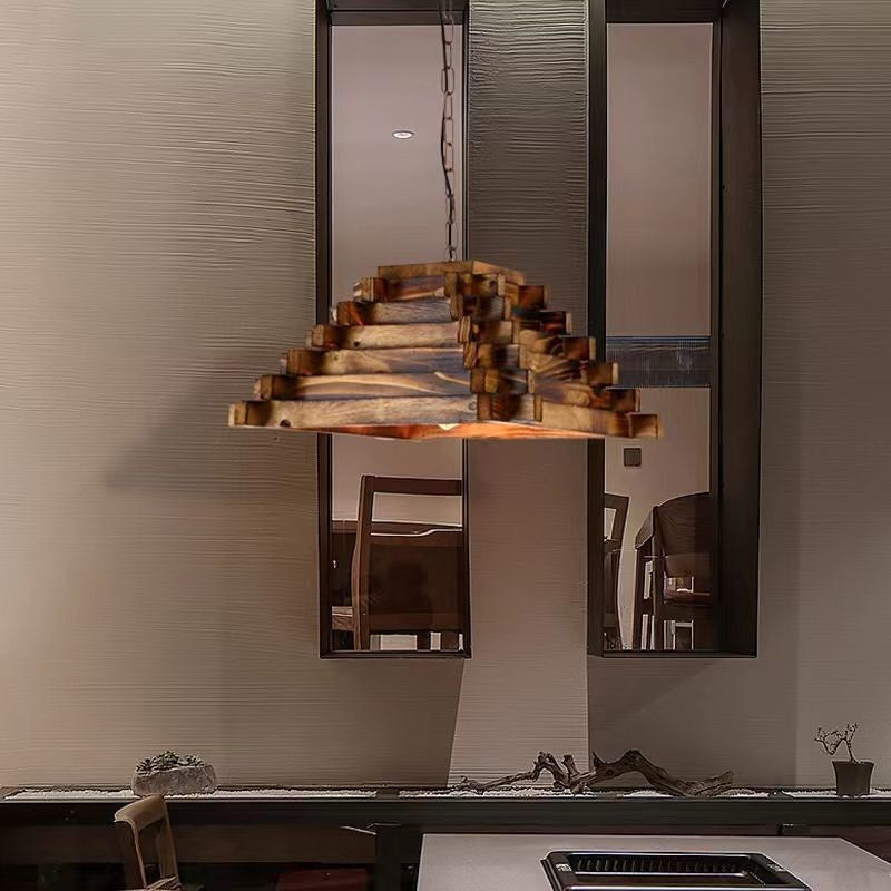 Traditional Farmhouse Wood & Hemp Rope Iron Column Cone Barrel Shape 1-Light Pendant Light For Dining Room & Bar Decor