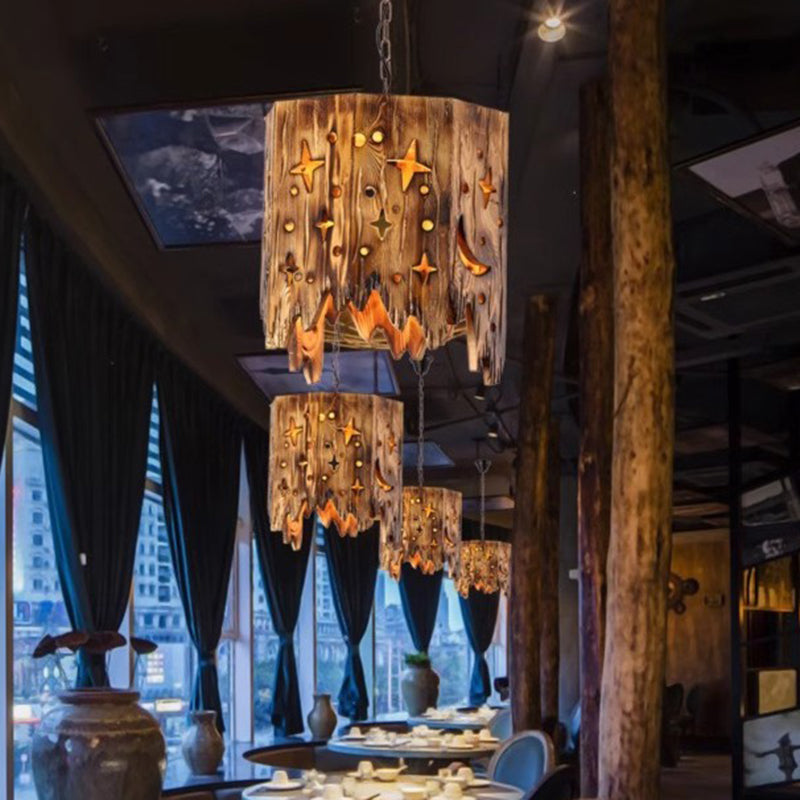 Traditional Farmhouse Wood & Hemp Rope Iron Column Cone Barrel Shape 1-Light Pendant Light For Dining Room & Bar Decor
