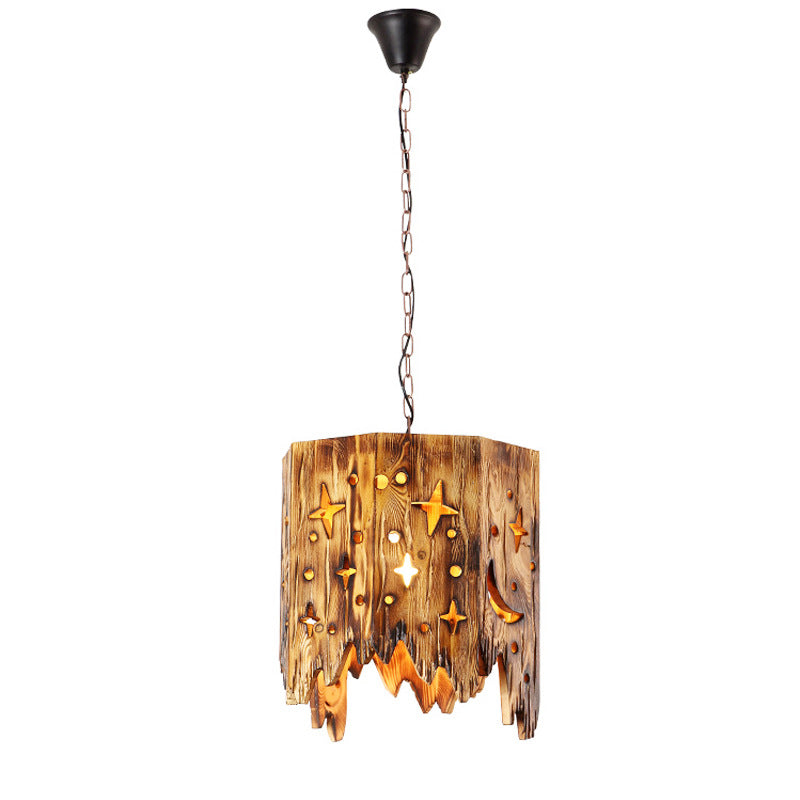 Traditional Farmhouse Wood & Hemp Rope Iron Column Cone Barrel Shape 1-Light Pendant Light For Dining Room & Bar Decor