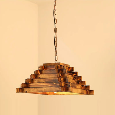 Traditional Farmhouse Wood & Hemp Rope Iron Column Cone Barrel Shape 1-Light Pendant Light For Dining Room & Bar Decor