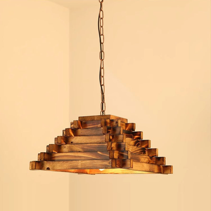 Traditional Farmhouse Wood & Hemp Rope Iron Column Cone Barrel Shape 1-Light Pendant Light For Dining Room & Bar Decor