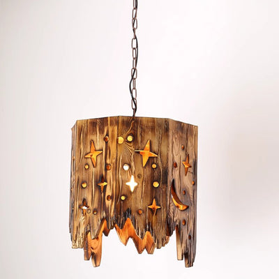 Traditional Farmhouse Wood & Hemp Rope Iron Column Cone Barrel Shape 1-Light Pendant Light For Dining Room & Bar Decor