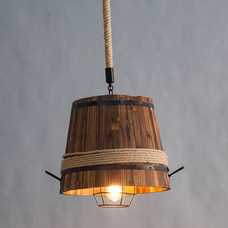 Traditional Farmhouse Wood & Hemp Rope Iron Column Cone Barrel Shape 1-Light Pendant Light For Dining Room & Bar Decor