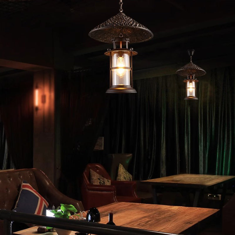 Suspension Luminaire Traditionnel en Forme de Tonneau à 1 Lumière en Bois de Fer et Corde de Chanvre pour Décoration de Salle à Manger et Bar 