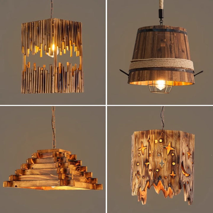 Suspension Luminaire Traditionnel en Forme de Tonneau à 1 Lumière en Bois de Fer et Corde de Chanvre pour Décoration de Salle à Manger et Bar 