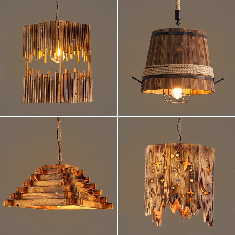 Traditional Farmhouse Wood & Hemp Rope Iron Column Cone Barrel Shape 1-Light Pendant Light For Dining Room & Bar Decor