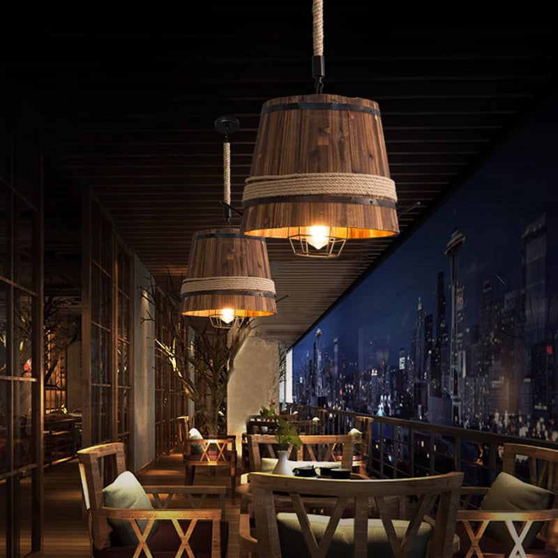 Traditional Farmhouse Wood & Hemp Rope Iron Column Cone Barrel Shape 1-Light Pendant Light For Dining Room & Bar Decor