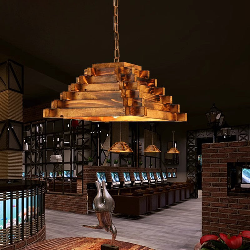 Traditional Farmhouse Wood & Hemp Rope Iron Column Cone Barrel Shape 1-Light Pendant Light For Dining Room & Bar Decor