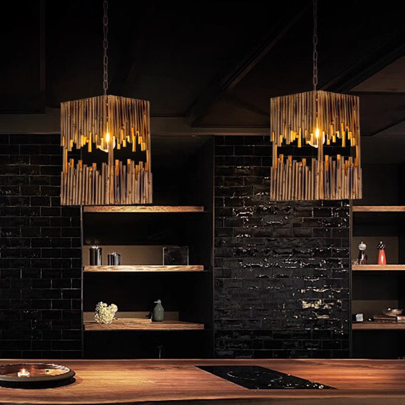 Suspension Luminaire Traditionnel en Forme de Tonneau à 1 Lumière en Bois de Fer et Corde de Chanvre pour Décoration de Salle à Manger et Bar 