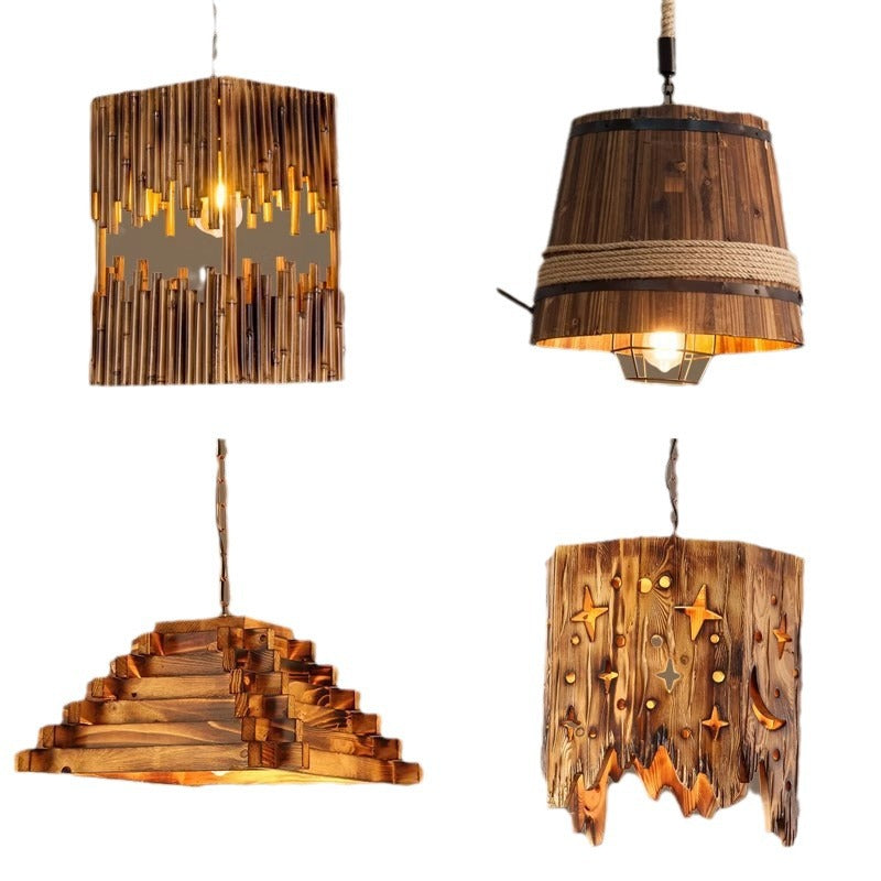 Traditional Farmhouse Wood & Hemp Rope Iron Column Cone Barrel Shape 1-Light Pendant Light For Dining Room & Bar Decor