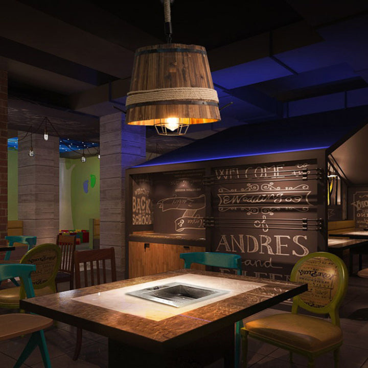 Suspension Luminaire Traditionnel en Forme de Tonneau à 1 Lumière en Bois de Fer et Corde de Chanvre pour Décoration de Salle à Manger et Bar 
