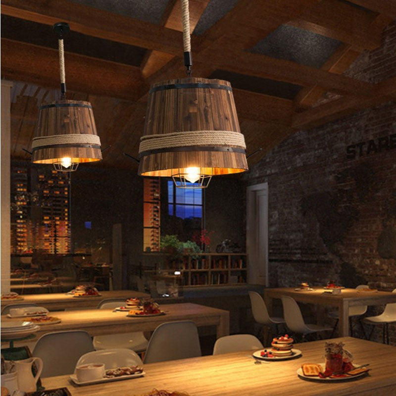 Traditional Farmhouse Wood & Hemp Rope Iron Column Cone Barrel Shape 1-Light Pendant Light For Dining Room & Bar Decor