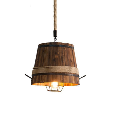Traditional Farmhouse Wood & Hemp Rope Iron Column Cone Barrel Shape 1-Light Pendant Light For Dining Room & Bar Decor
