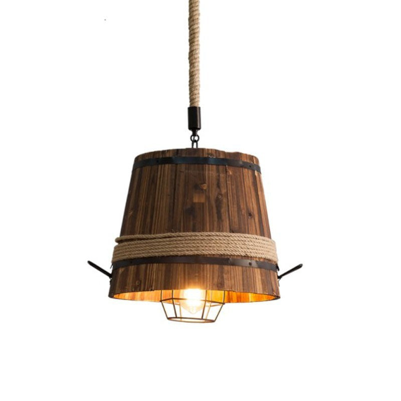 Traditional Farmhouse Wood & Hemp Rope Iron Column Cone Barrel Shape 1-Light Pendant Light For Dining Room & Bar Decor