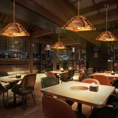 Traditional Farmhouse Wood & Hemp Rope Iron Column Cone Barrel Shape 1-Light Pendant Light For Dining Room & Bar Decor
