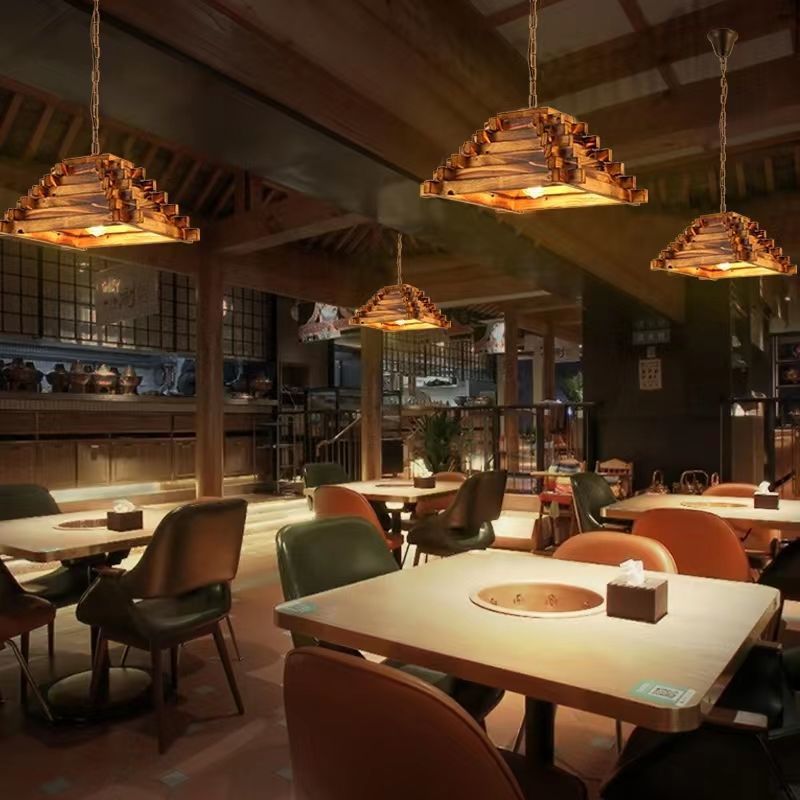 Traditional Farmhouse Wood & Hemp Rope Iron Column Cone Barrel Shape 1-Light Pendant Light For Dining Room & Bar Decor