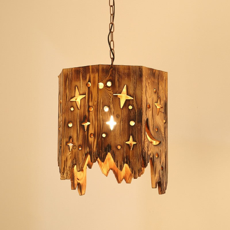 Traditional Farmhouse Wood & Hemp Rope Iron Column Cone Barrel Shape 1-Light Pendant Light For Dining Room & Bar Decor