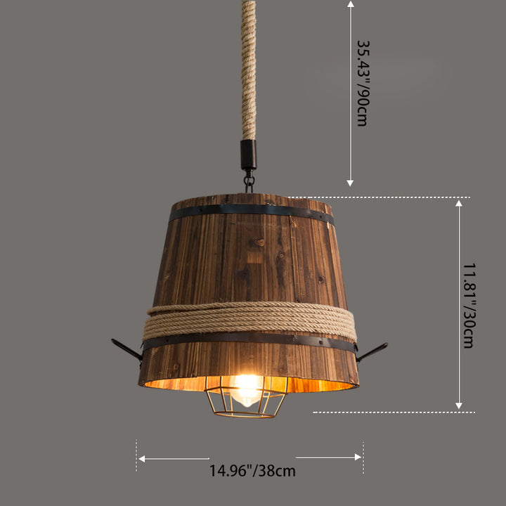 Suspension Luminaire Traditionnel en Forme de Tonneau à 1 Lumière en Bois de Fer et Corde de Chanvre pour Décoration de Salle à Manger et Bar 