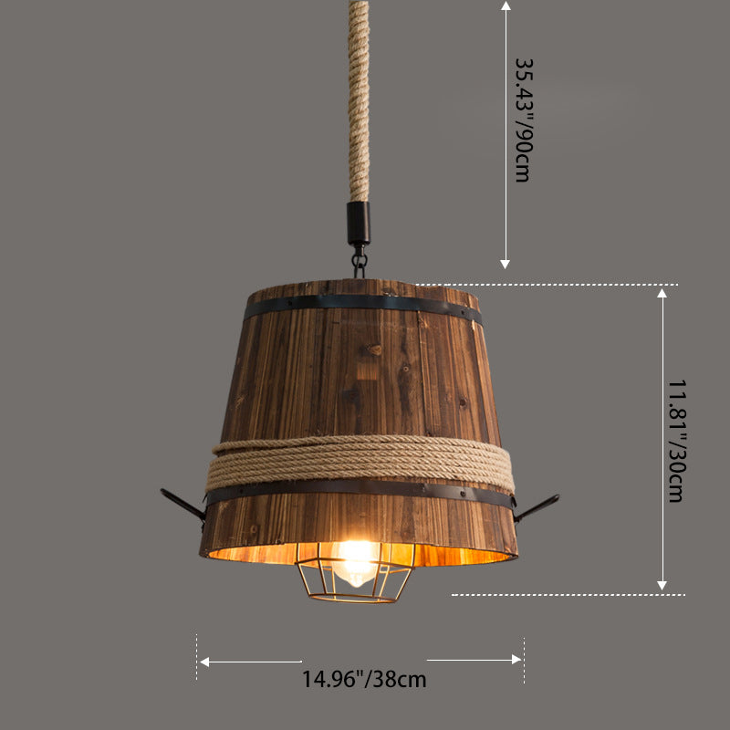 Traditional Farmhouse Wood & Hemp Rope Iron Column Cone Barrel Shape 1-Light Pendant Light For Dining Room & Bar Decor