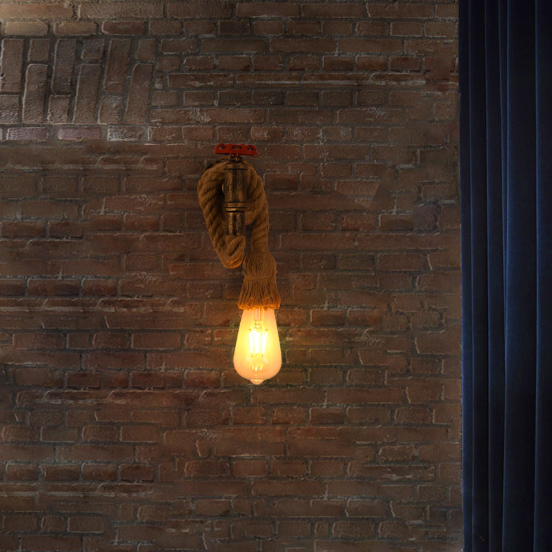Contemporary Industrial Hemp Rope Iron Faucet 1-Light Wall Sconce Lamp For Dining Room And Hallway