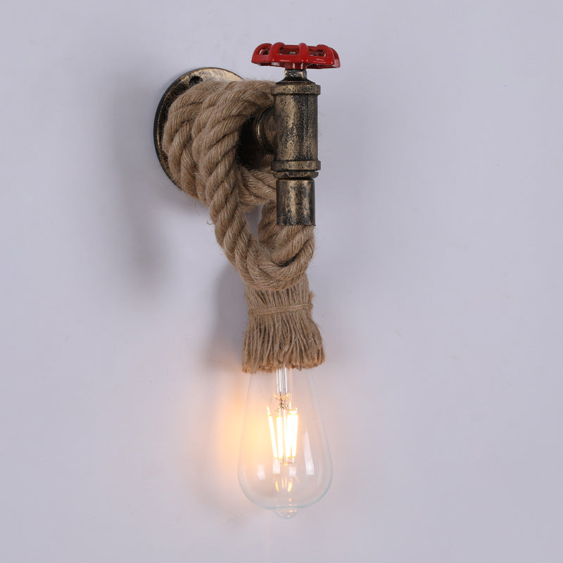 Contemporary Industrial Hemp Rope Iron Faucet 1-Light Wall Sconce Lamp For Dining Room And Hallway