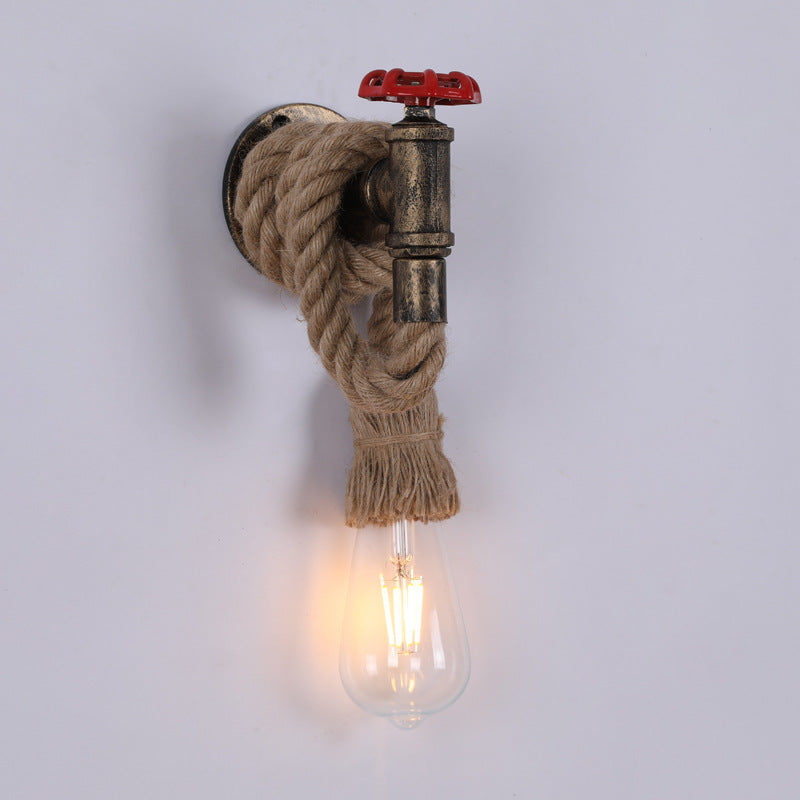 Contemporary Industrial Hemp Rope Iron Faucet 1-Light Wall Sconce Lamp For Dining Room And Hallway