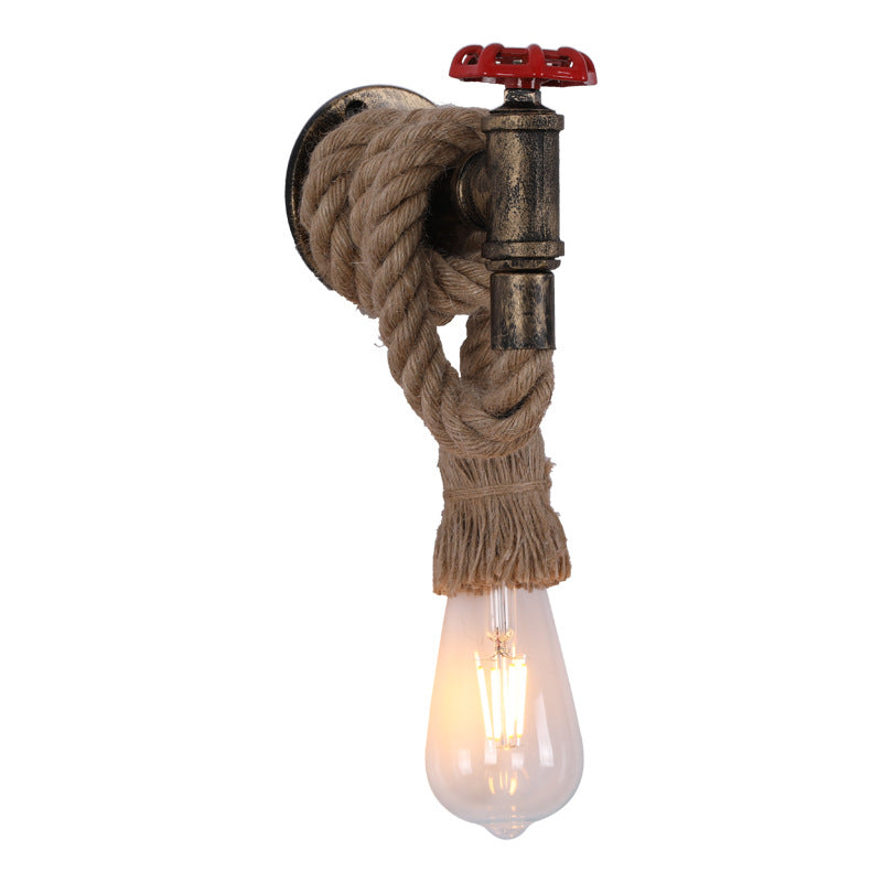 Contemporary Industrial Hemp Rope Iron Faucet 1-Light Wall Sconce Lamp For Dining Room And Hallway