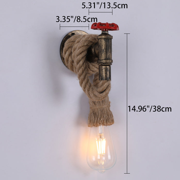 Contemporary Industrial Hemp Rope Iron Faucet 1-Light Wall Sconce Lamp For Dining Room And Hallway