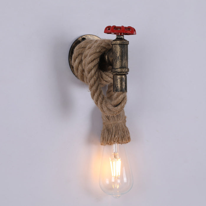 Contemporary Industrial Hemp Rope Iron Faucet 1-Light Wall Sconce Lamp For Dining Room And Hallway