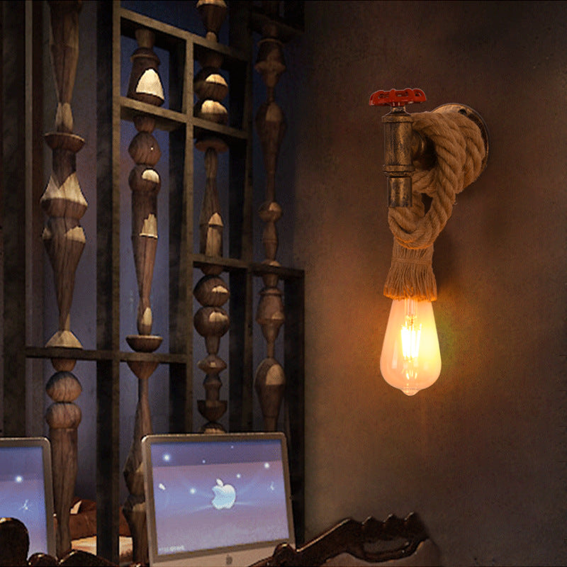 Contemporary Industrial Hemp Rope Iron Faucet 1-Light Wall Sconce Lamp For Dining Room And Hallway