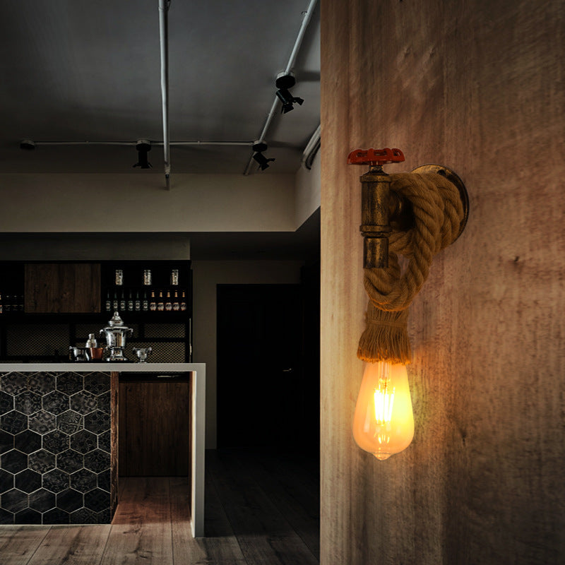 Contemporary Industrial Hemp Rope Iron Faucet 1-Light Wall Sconce Lamp For Dining Room And Hallway
