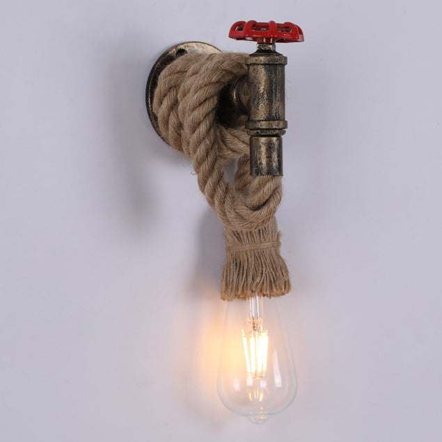 Contemporary Industrial Hemp Rope Iron Faucet 1-Light Wall Sconce Lamp For Dining Room And Hallway