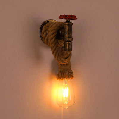 Contemporary Industrial Hemp Rope Iron Faucet 1-Light Wall Sconce Lamp For Dining Room And Hallway