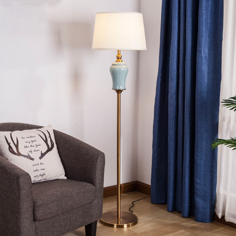 Traditional Chinese Ceramic Copper Fabric Column 1-Light Standing Floor Lamp For Living Room And Bedroom