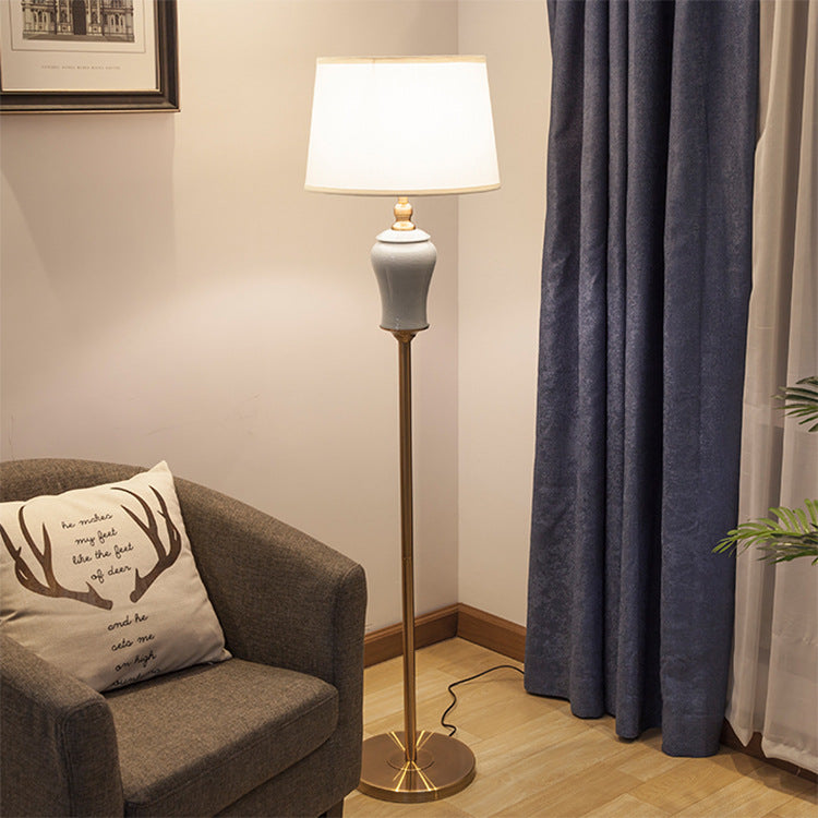 Traditional Chinese Ceramic Copper Fabric Column 1-Light Standing Floor Lamp For Living Room And Bedroom