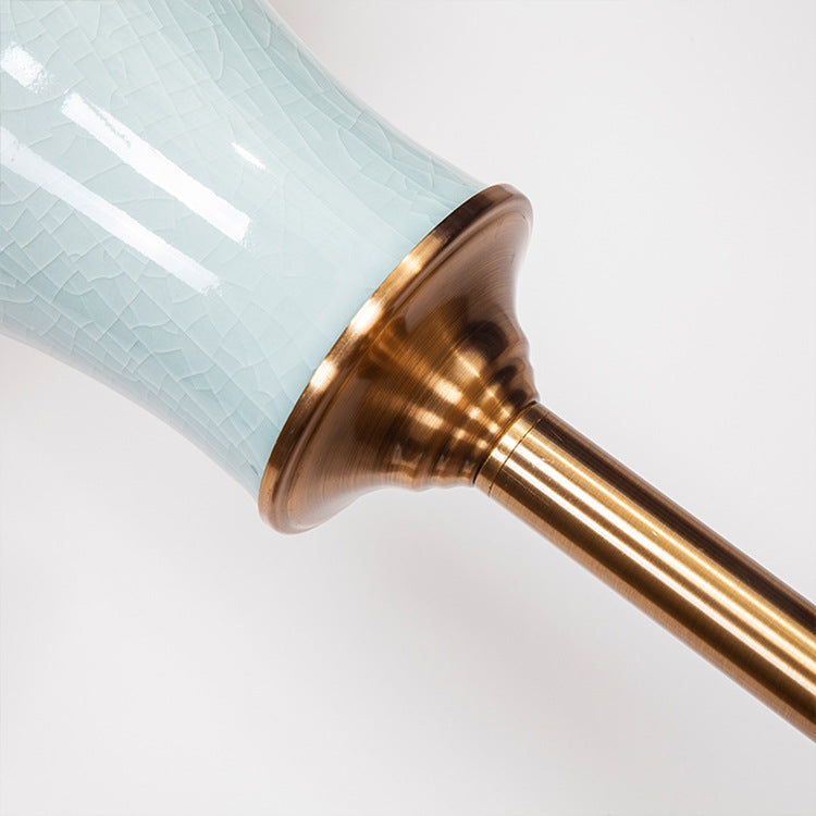 Traditional Chinese Ceramic Copper Fabric Column 1-Light Standing Floor Lamp For Living Room And Bedroom